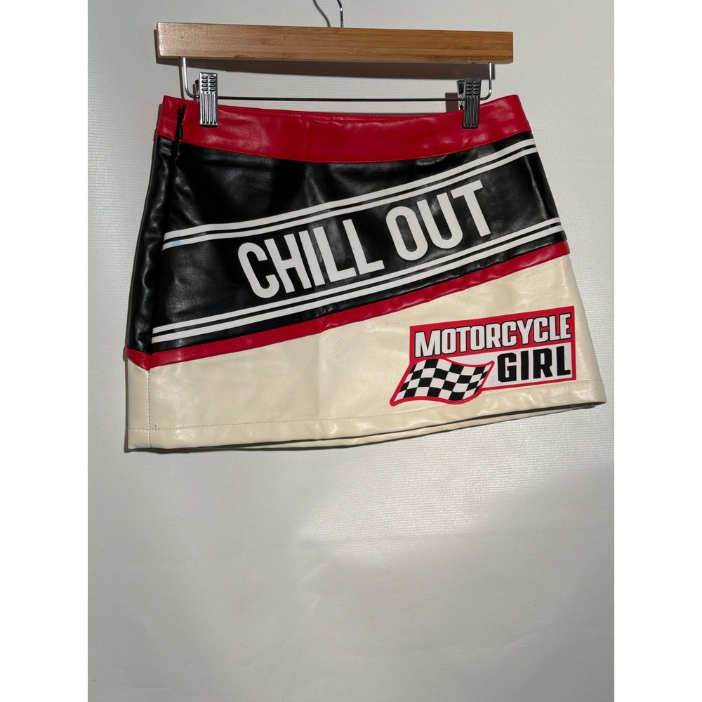 Motorcycle Girl Faux Leather Mini Skirt S US 4 EU 36 Red Black Racing Graphic